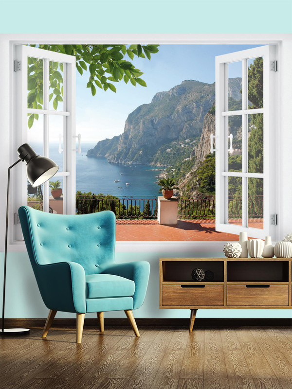 3D Фотообои окно на горы и море