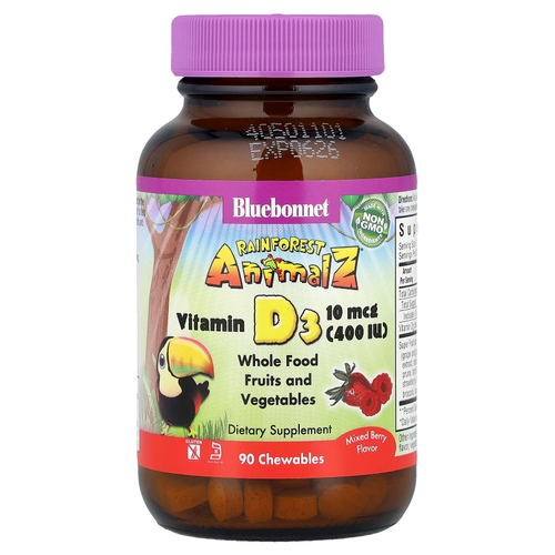 Bluebonnet Nutrition, Rainforest Animalz, витамин D3 с натуральным ягодным вкусом, 400 МЕ, 90 жевательных таблеток