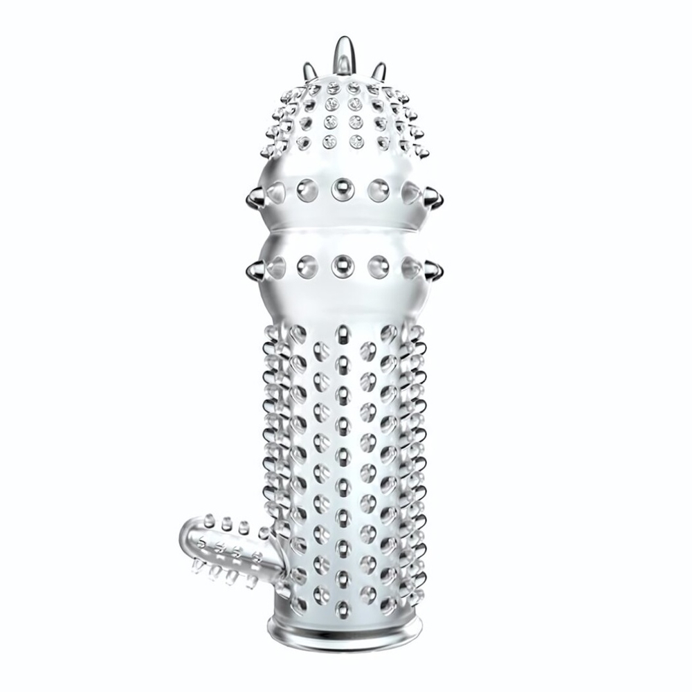 Прозрачная насадка на пенис с шипами и стимулятором клитора - 12,8 см. (Цвет: прозрачный)