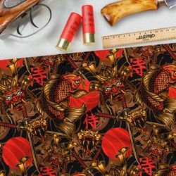 Ткань габардин красный самурай, катаны и рыбы на чёрном фоне