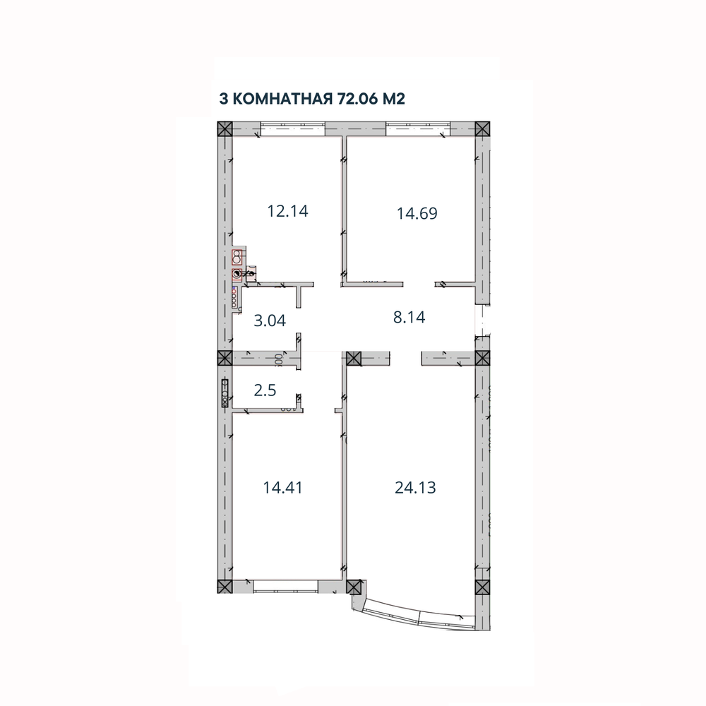 3-комн. квартира, 72,06 м²; 2,3 этаж
