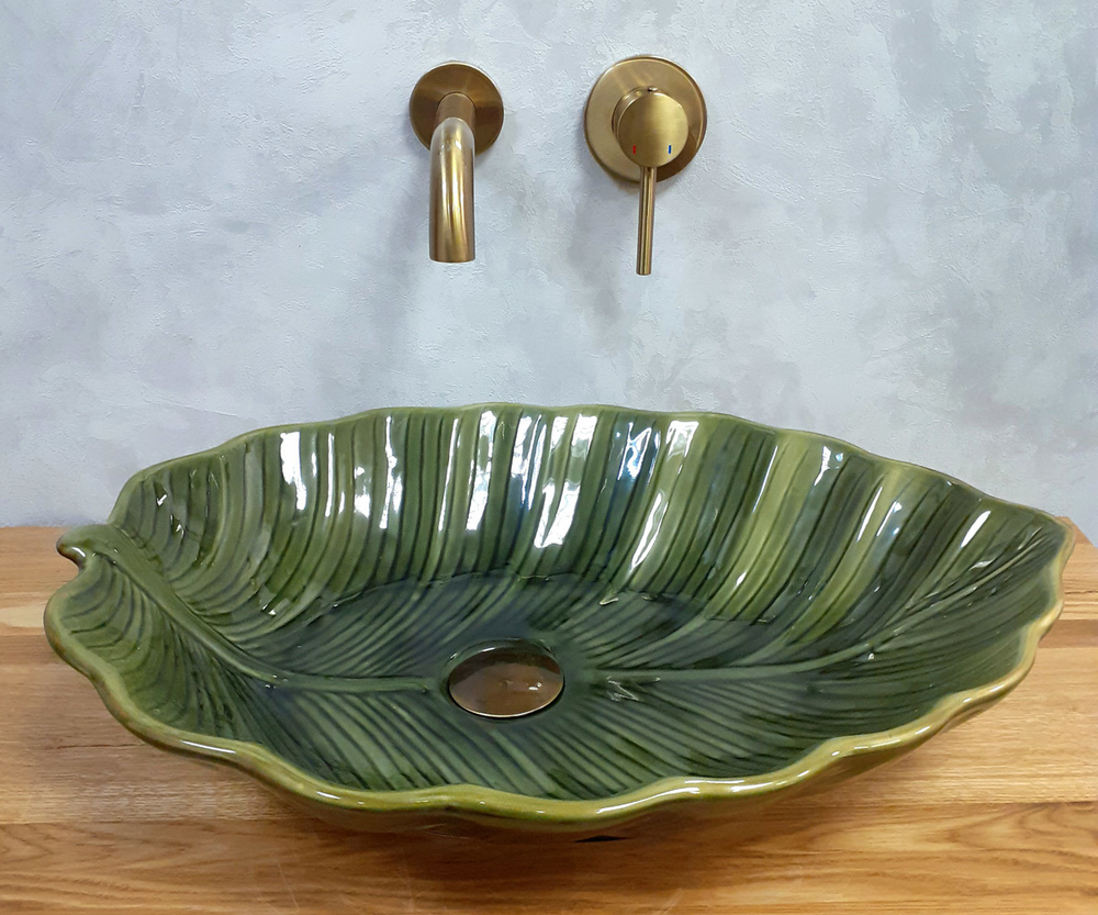 Раковина-чаша Bronze de Luxe LEAF на столешницу, зеленый глянец 545х395х125
