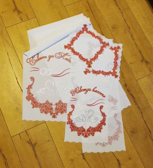 Комплект венчальный 4 предметный со стразами, рельефный цвет:белый с красным