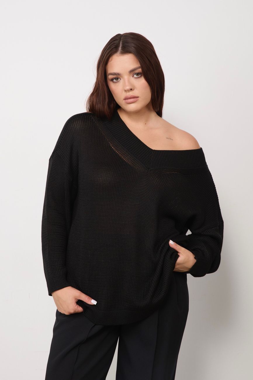 Джемпер вязаный на одно плечо, черный