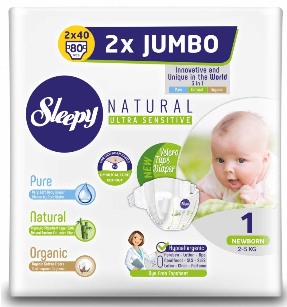 Подгузники Sleepy Natural Double Jumbo Pack Newborn-80, размер-1,2-5 кг (Турция)