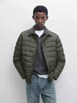 Massimo Dutti Непромокаемая легкая парка из смесового пуха, темный хаки