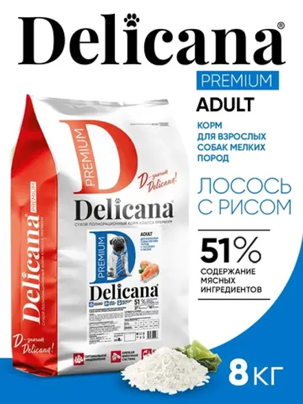 Delicana сухой полнорационный корм для взрослых собак мелких пород лосось и рис, 8кг