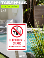 Табличка для бассейна "Не проносить стекло", на пляж, для общественной и частной зоны отдыха, информационная, 40х30 см, Silver Plane x Айдентика Технолоджи