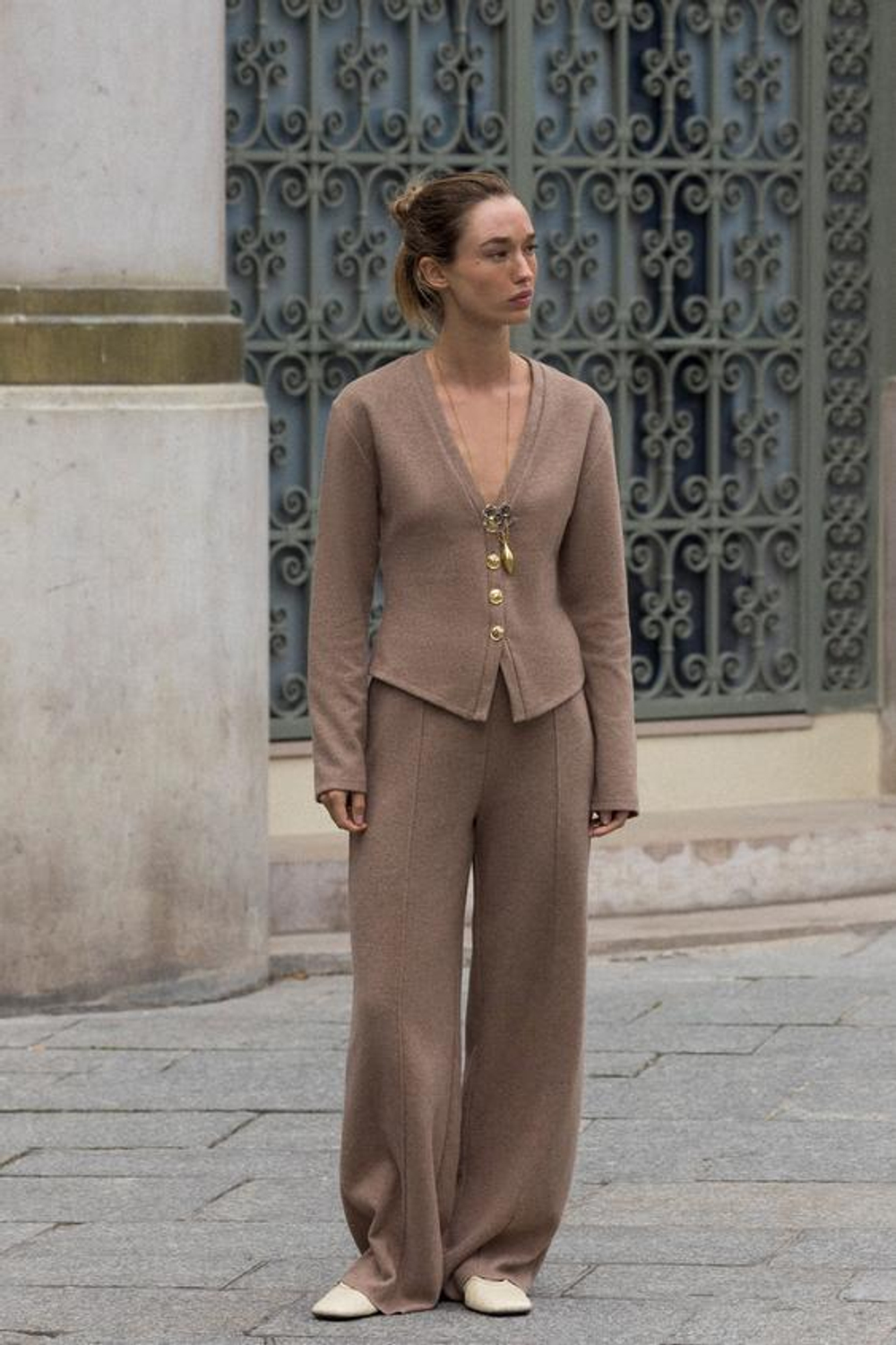 ZARA БРЮКИ-ПАЛАЦЦО ИЗ МЯГКОЙ ТКАНИ, КОРИЧНЕВЫЙ МЕЛАНЖ