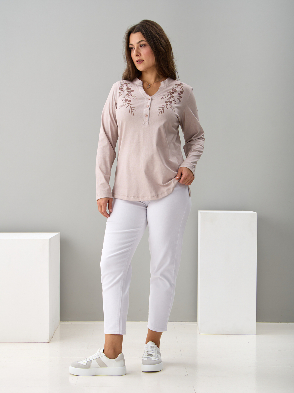 Блузка БЛ-22/бежевыйрогожка-цветы-п