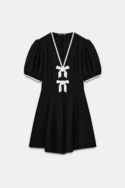 ZARA МИНИ-ПЛАТЬЕ С КОНТРАСТНЫМИ БАНТАМИ, ЧЕРНЫЙ