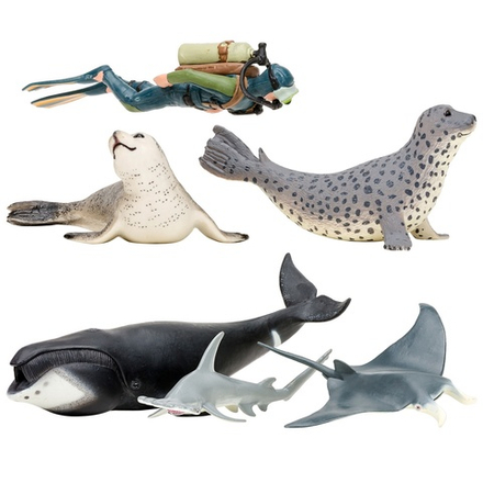 Фигурки игрушки серии "Мир морских животных": Кит, рыба-молот, манта, морской леопард, дайвер