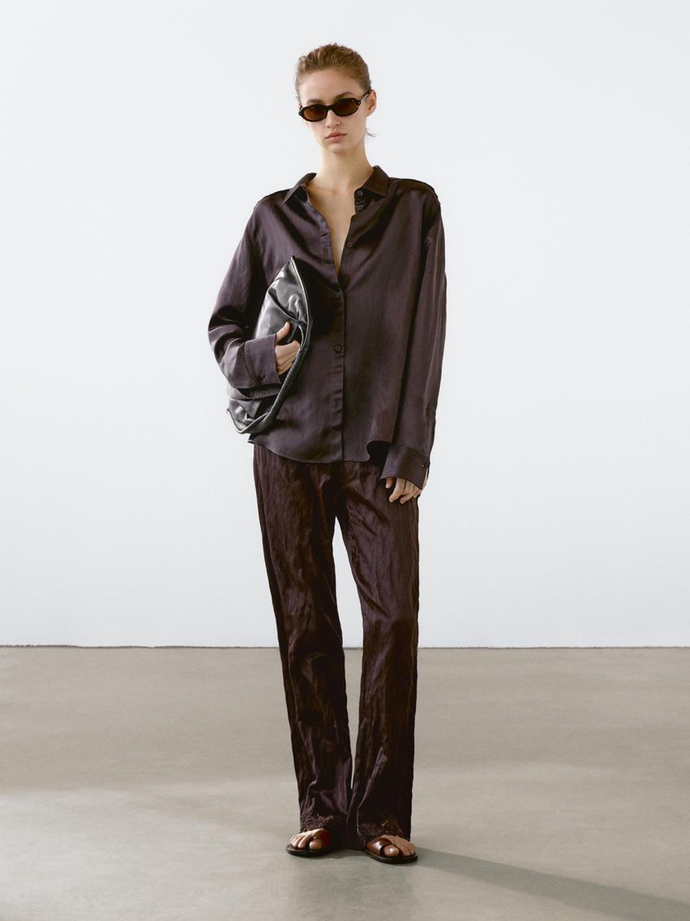 Massimo Dutti Атласная рубашка свободного кроя с длинными рукавами, гранатовый