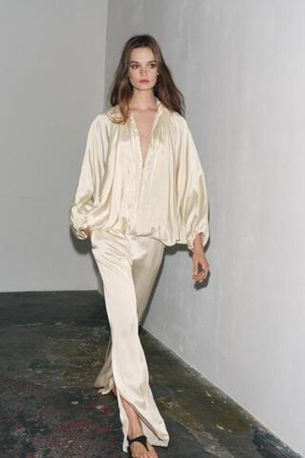 ZARA АТЛАСНЫЕ БРЮКИ С РАЗРЕЗАМИ — ZW COLLECTION, ЦВЕТ СЛОНОВОЙ КОСТИ