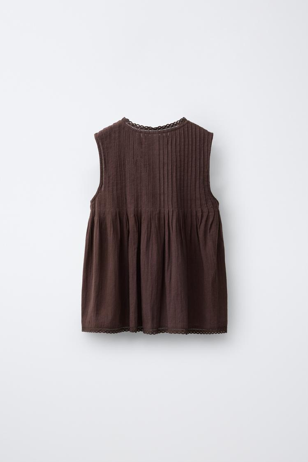 ZARA БЛУЗА С КРУЖЕВОМ И СБОРКАМИ, ТЕМНО-КОРИЧНЕВЫЙ