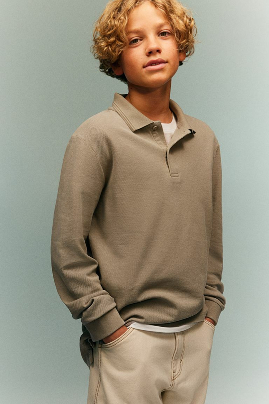 H&M Поло из хлопкового пике с длинными рукавами, бежевый