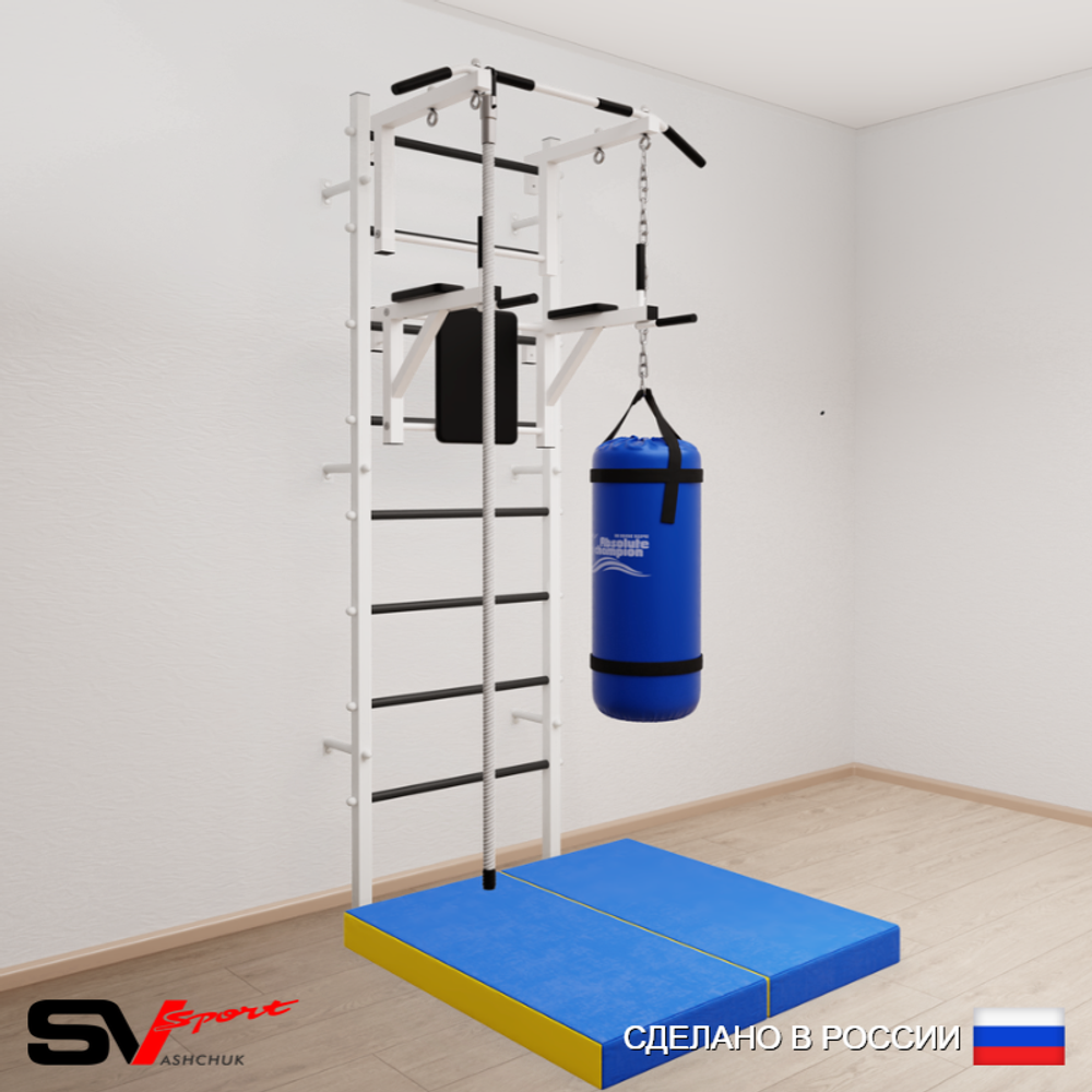 Шведская стенка Sv Sport усиленная 6705 (Турник стандарт/Брусья/Канат/Цепь/Мешок 15кг/Мат 1м)