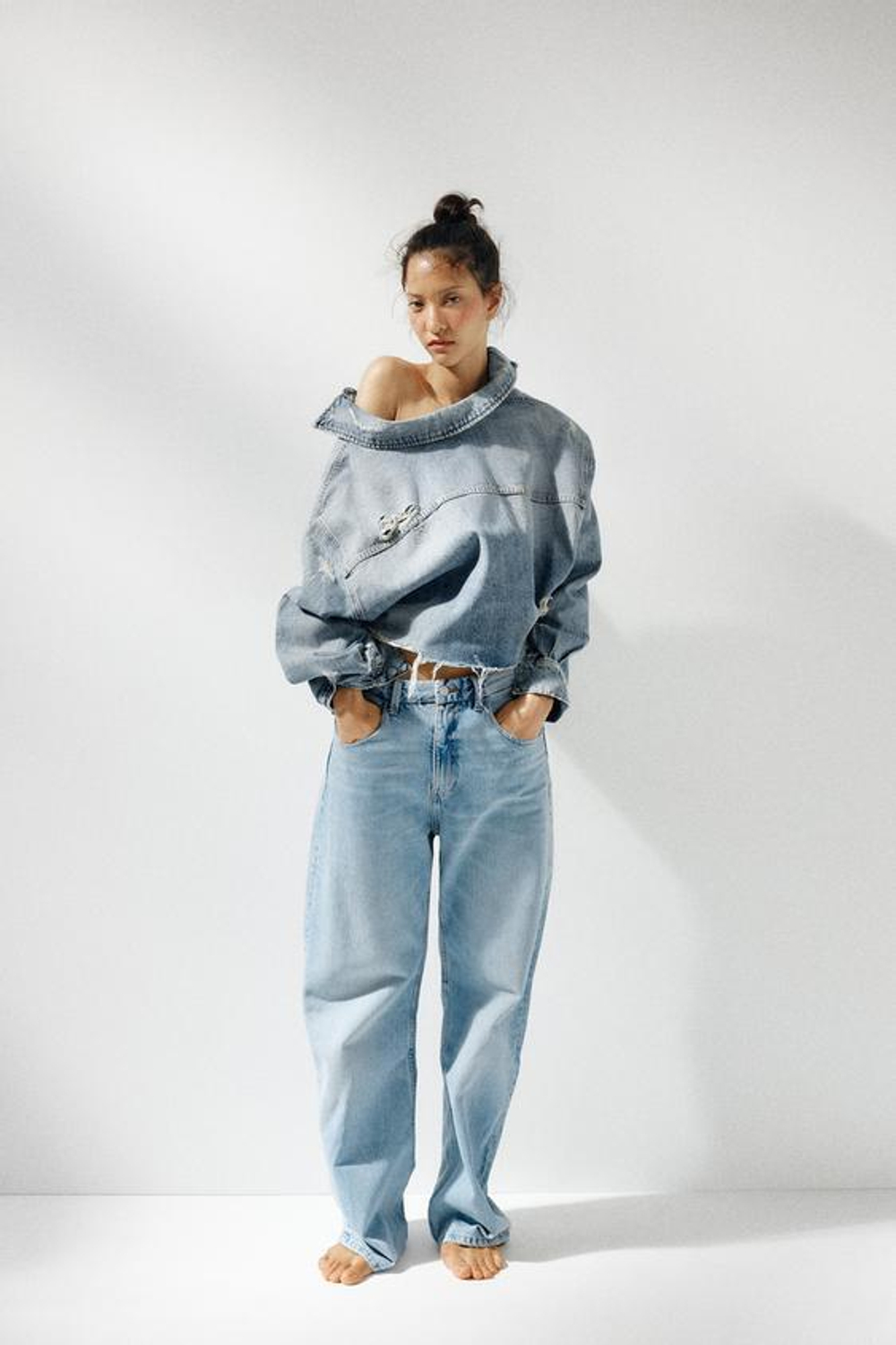 ZARA ДЖИНСЫ-БАНАНЫ TRF С ВЫСОКОЙ ПОСАДКОЙ, ГОЛУБОЙ