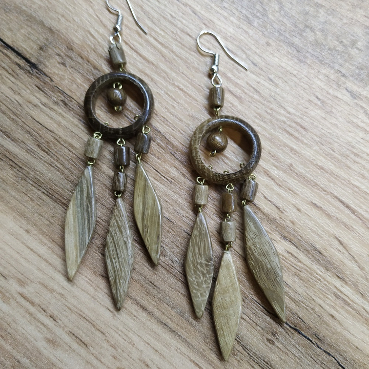 Серьги Кольцо с ромбиками, дерево, цвет бежевый, 20x70 мм