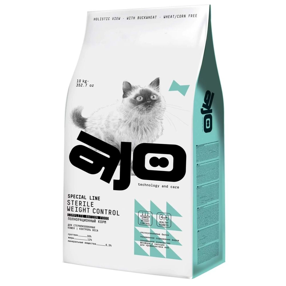 Сухой корм AJO Cat Sterile Weight Control для стерилизованных кошек, контроль веса, с курицей - 10 кг