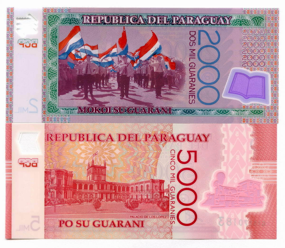 Банкноты Парагвая 2000 и 5000 гуарани 2011 год. UNC (пластик)