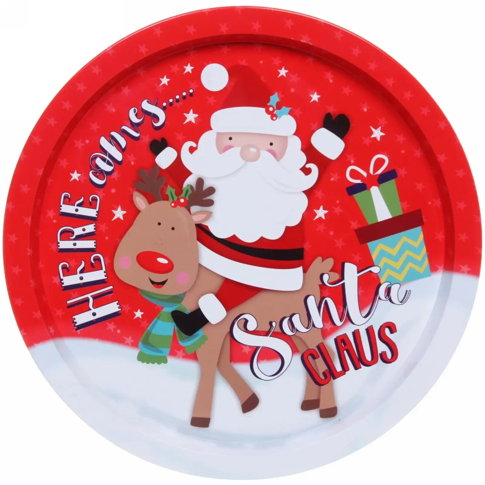 Поднос жестяной 32см «Санта на олене»