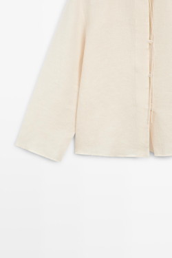 Massimo Dutti Рубашка из 100% льняной ткани с вырезом, ванильный