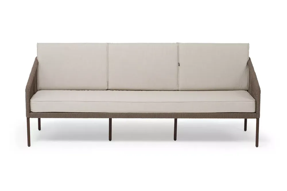 "Канны" диван 3-местный плетеный из роупа, каркас алюминий коричневый (RAL8016) муар, роуп коричневый круглый, ткань бежевая 035