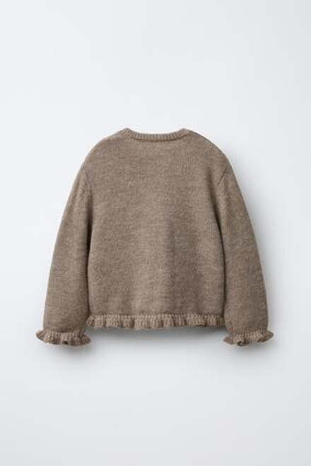 ZARA ВЯЗАНЫЙ КАРДИГАН С ВОЛАНАМИ, СВЕТЛО-БЕЖЕВЫЙ