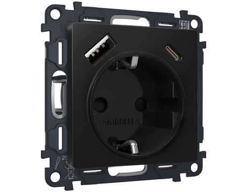 MA810010 Комплект механизма электрической розетки ALFA Черный матовый 2USB A+C 20W (быстрая зарядка) с/з QUANT (AP8100, VM160)