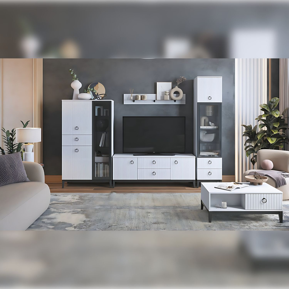 Шкаф-витрина стеклянный в гостиную Белое Сияние/Белый Снег Софт, 90,2х45,1х160 см Шарлиз