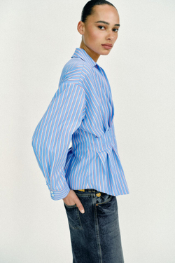 ZARA РУБАШКА ИЗ ПОПЛИНА В ПОЛОСКУ СО СКЛАДКАМИ, КРАСНАЯ ПОЛОСКА