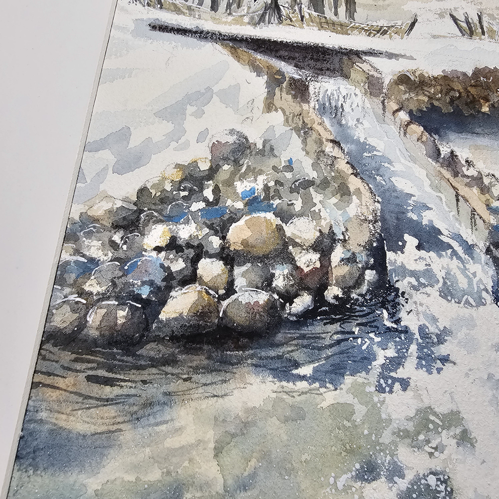 Картина авторская акварельная в паспарту 30х40 см на стену для интерьера "Нижний водопад в Веребково"