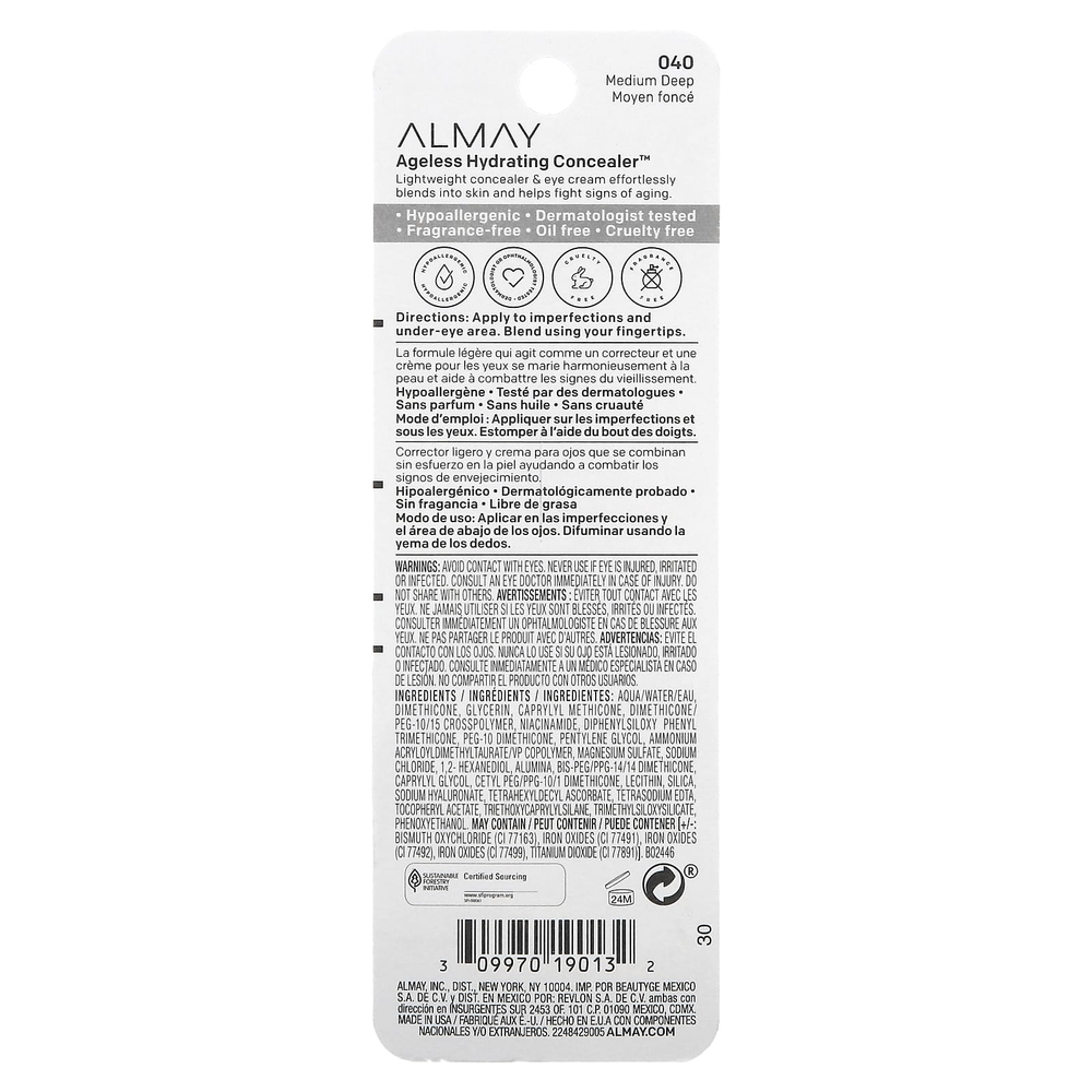 Almay, Ageless Hydrating Concealer, увлажняющий консилер, 040 Medium Deep, 11 мл (0,37 жидк. унции)