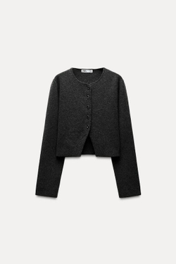 ZARA ОДНОТОННЫЙ УКОРОЧЕННЫЙ КАРДИГАН ИЗ ТРИКОТАЖА, СЕРЫЙ С МЕЛАНЖЕВЫМ ЭФФЕКТОМ