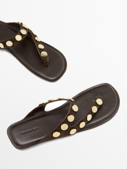 Massimo Dutti Сандалии из натуральной кожи с заклепками, коричневый
