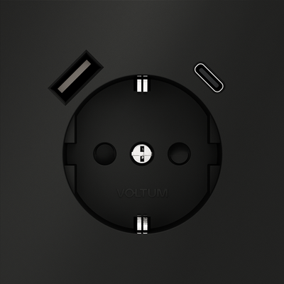 Розетка встраиваемая VOLTUM S70 с заземлением и защитными шторками, 16А, с USB, A+С, (черный матовый)