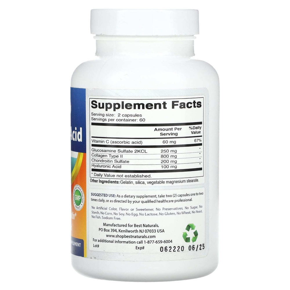 Best Naturals, Гиалуроновая кислота с глюкозамином и хондроитином, 120 капсул