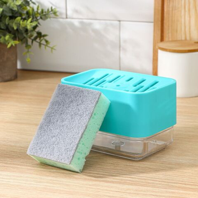 Бирюзовый дозатор для моющего средства с подставкой для губки и губкой (Цвет: не задано)