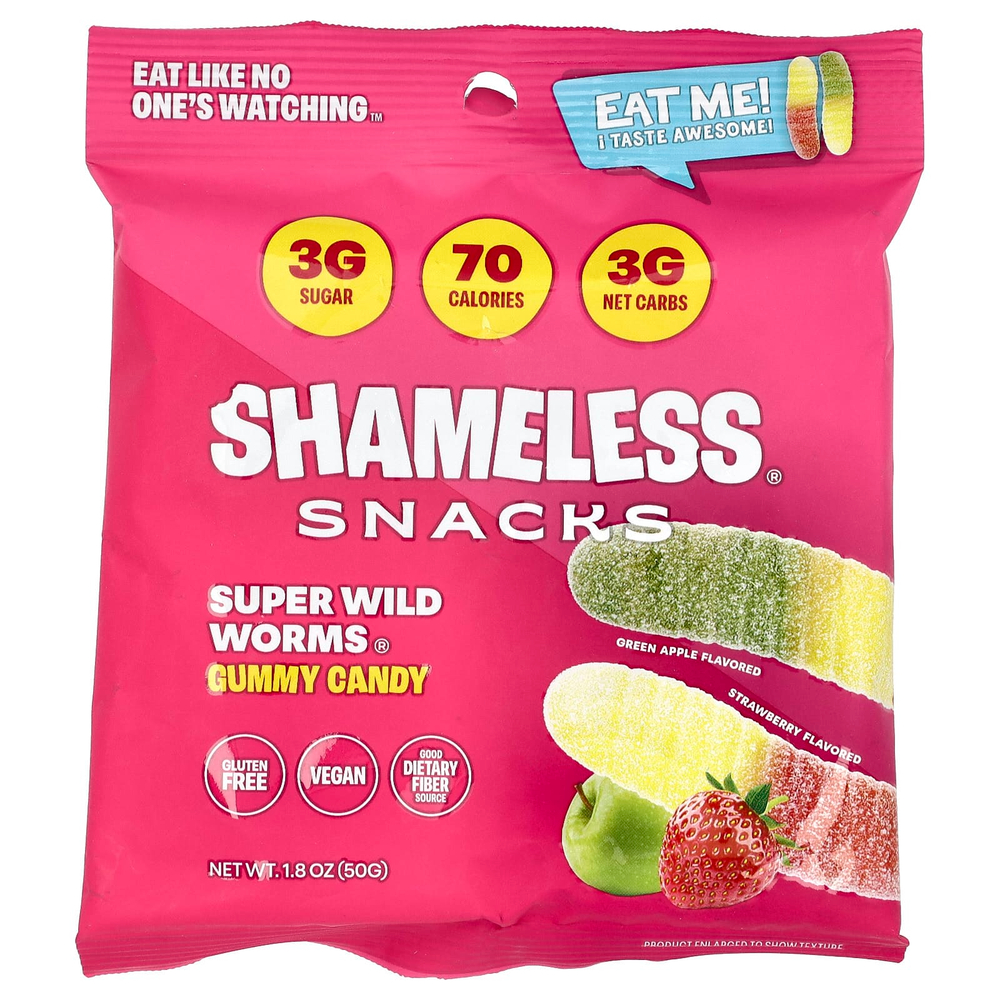 Shameless Snacks, Жевательные конфеты Super Wild Worms®, зеленое яблоко и клубника, 6 пакетиков по 50 г (1,8 унции)