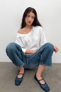 ZARA ПЛЕТЕНЫЕ БАЛЕТКИ С ПРЯЖКОЙ, СИНИЙ