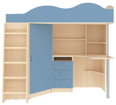 Кровать-чердак КарИВи Пионер с деревянной лестницей  Дуб Молочный Светло-синий, голубой