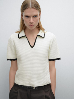 Massimo Dutti Свитер поло из кружева кроше, натуральный, кремовый