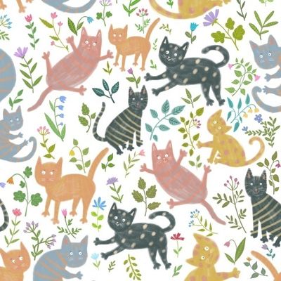 Коты и цветы бесшовный паттерн на белом фоне