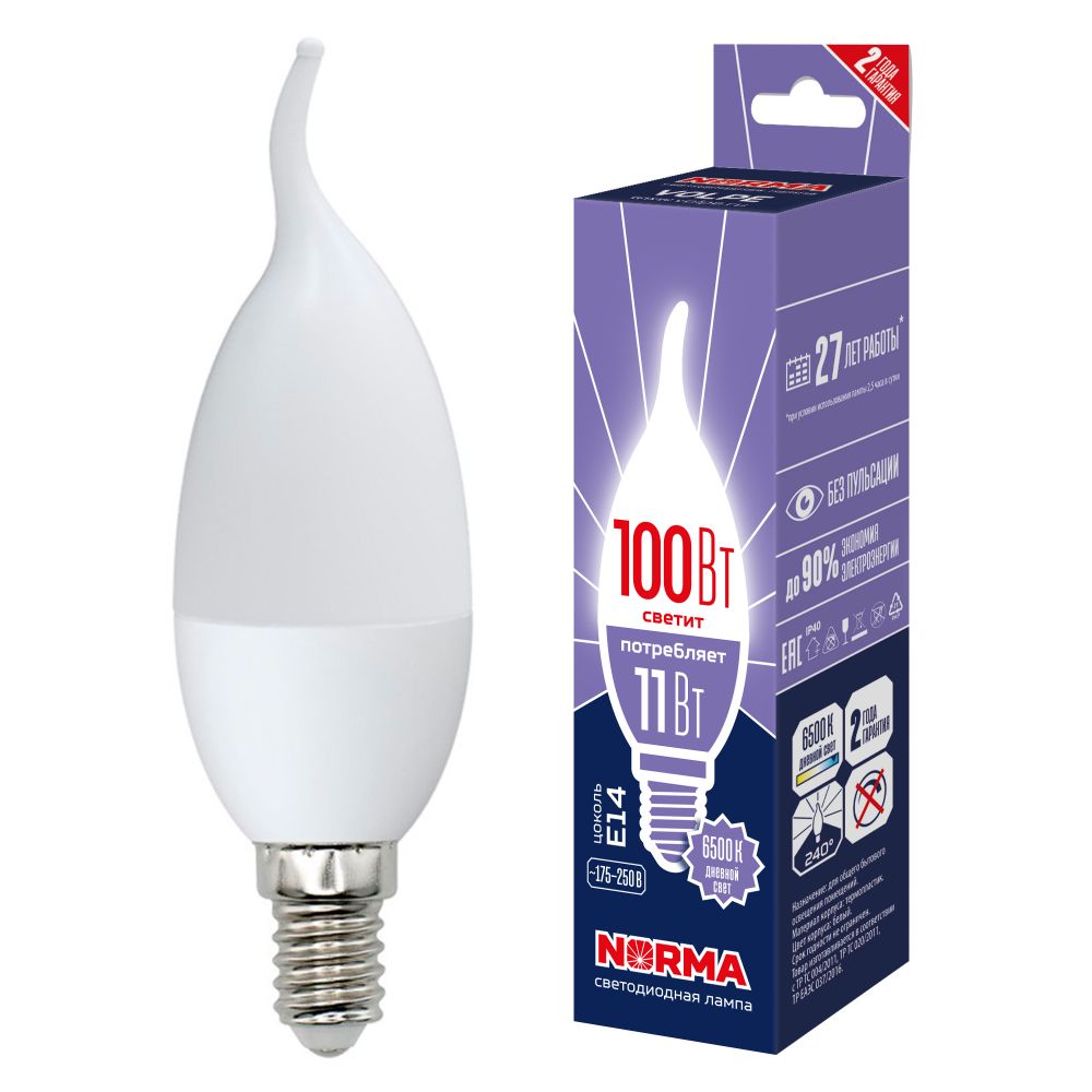 LED-CW37-11W-6500K-E14-FR-NR Лампа светодиодная. Форма свеча на ветру. матовая. Серия Norma. Дневной белый свет 6500K. Картон. ТМ Volpe