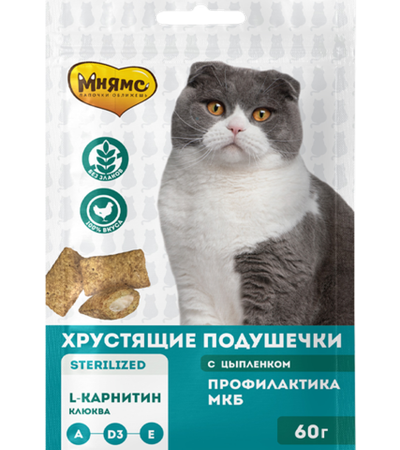Мнямс хрустящие подушечки для кошек "Профилактика МКБ" с цыпленком и клюквой 60гр.