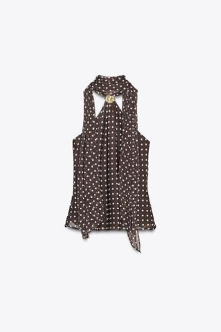ZARA ТОП В ГОРОШЕК С ГОРЛОВИНОЙ ХАЛТЕР И ФУРНИТУРОЙ, ЭКРЮ/КОРИЧНЕВЫЙ