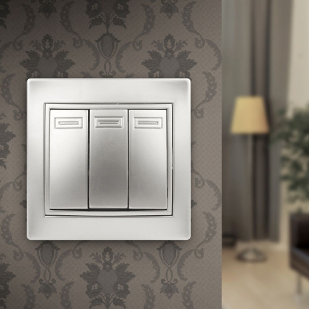 1-106-03 Intro Выключатель тройной, 10А-250В, IP20, СУ, Plano, алюминий