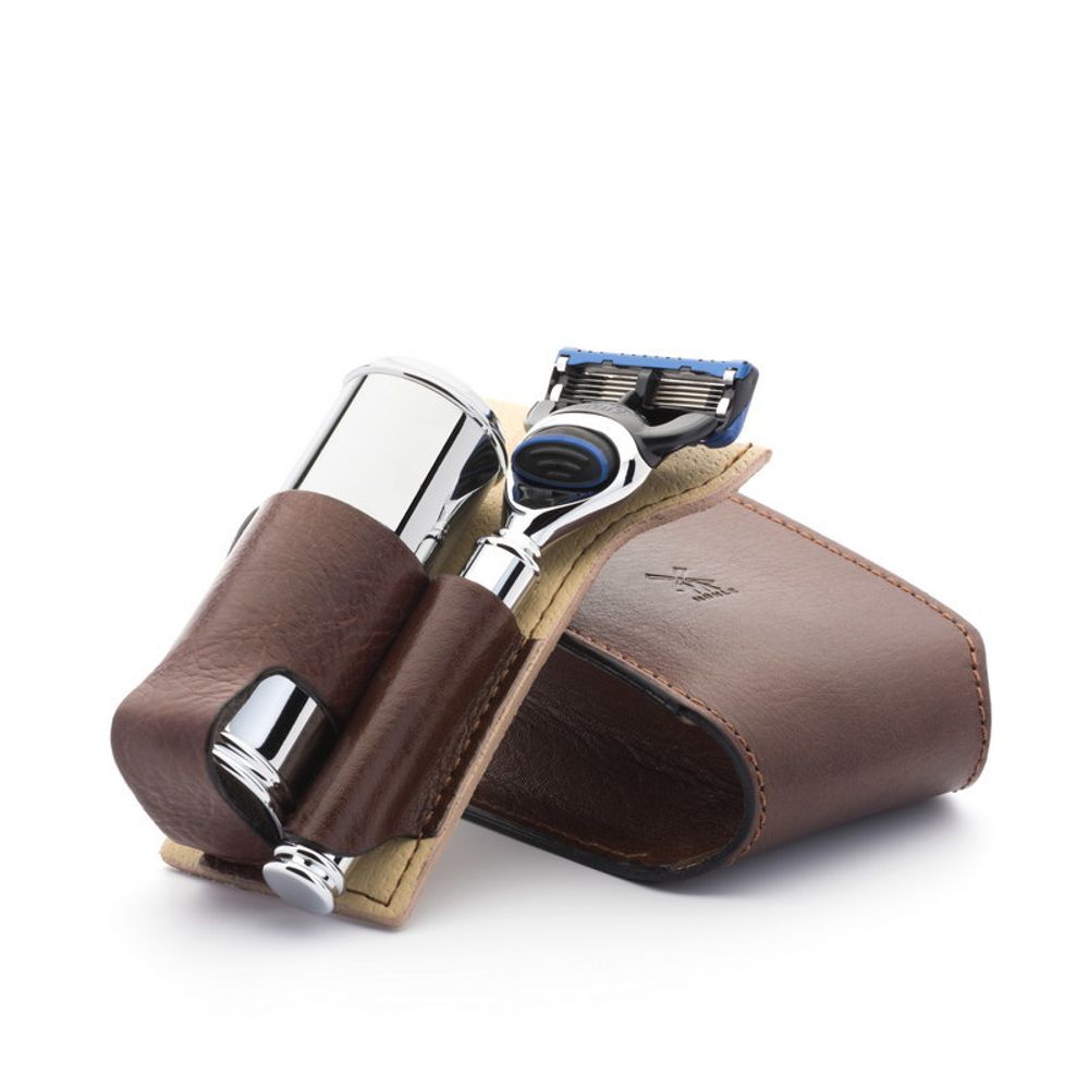 Дорожный бритвенный набор MUEHLE, чехол из натуральной коричневой кожи, дорожный помазок, дорожная бритва Fusion (RT 2 F)
