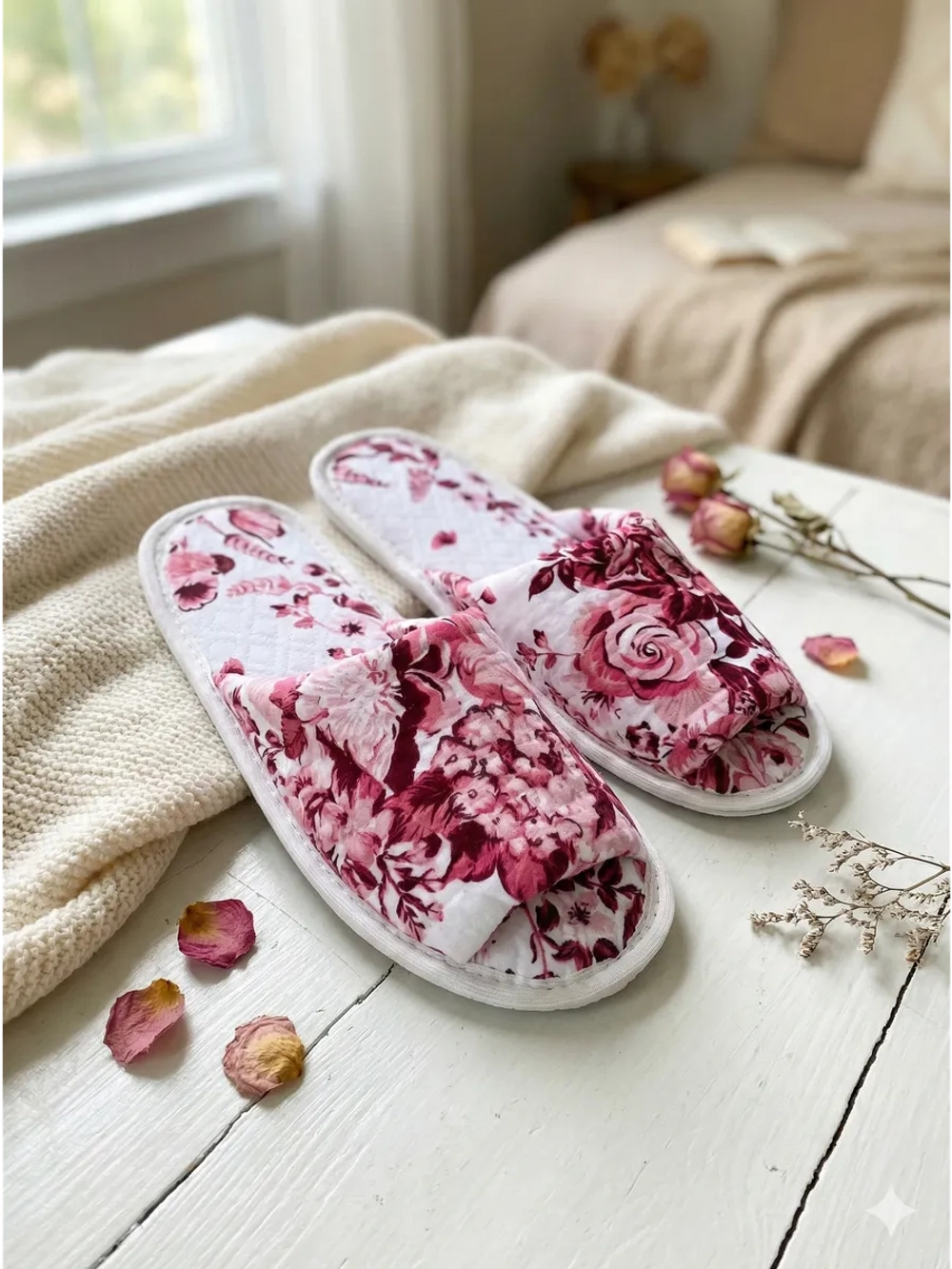 Тапочки хлопковые открытые Бордовый цветок